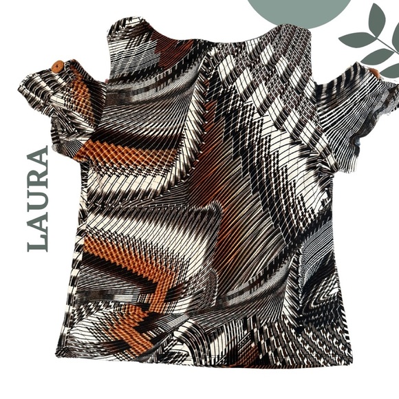🛍️3/$40 Laura Women's Abstract Print Top Cold Shoulder Black, White Brown Medium - Picture 2 of 5